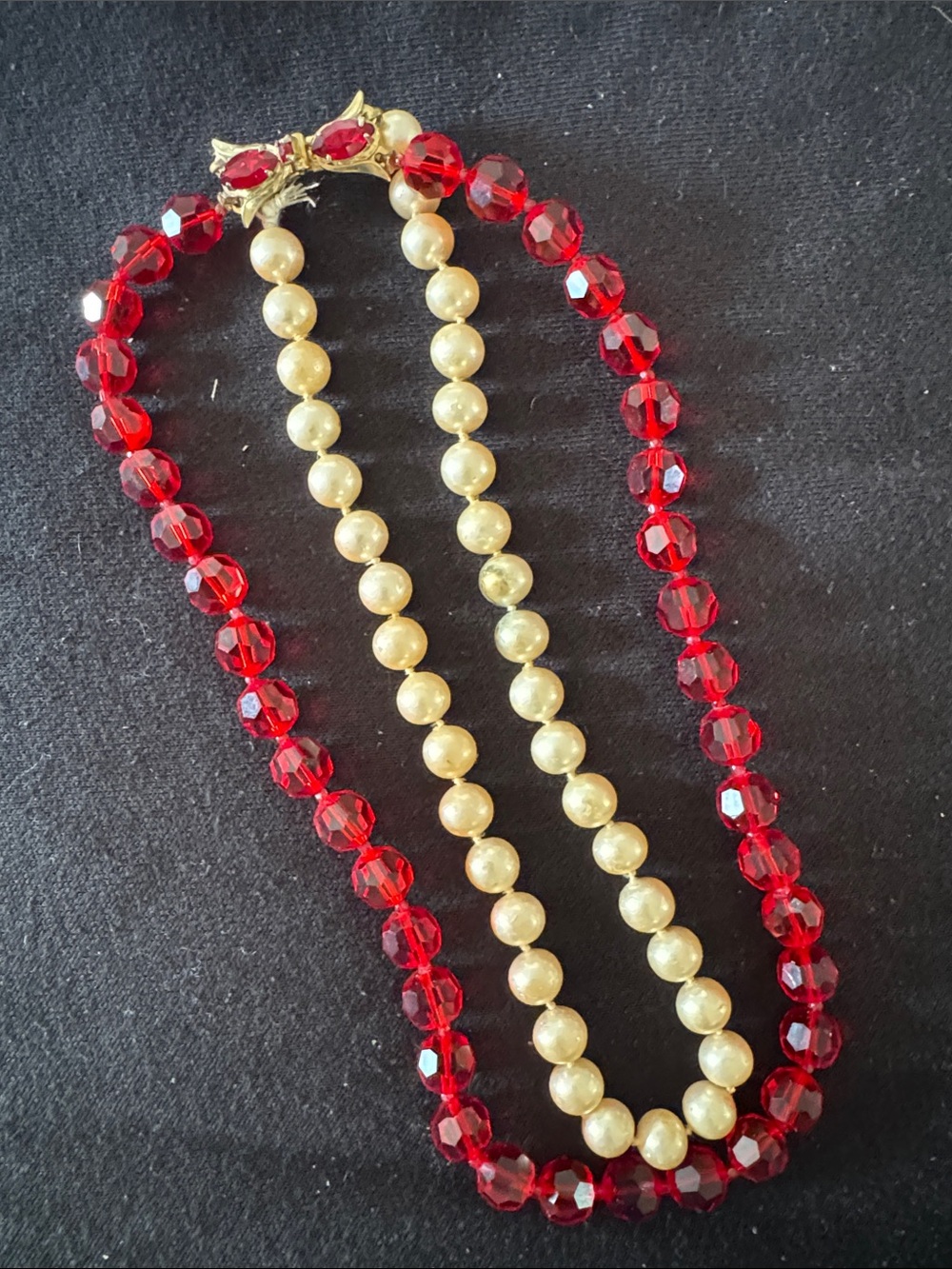 Vintage Costume Red Crystal and Pearl Double Strand Necklace